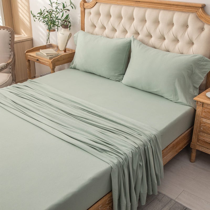 PURE ERA PURE ERA Jersey Knit 4pc Bed Sheet Set 100% T-Shirt Cotton Super Soft Comfy Breathable Fits Mattress Up to 20"" Extra Deep Pocket (Solid Sage Green  King)  - Image 5