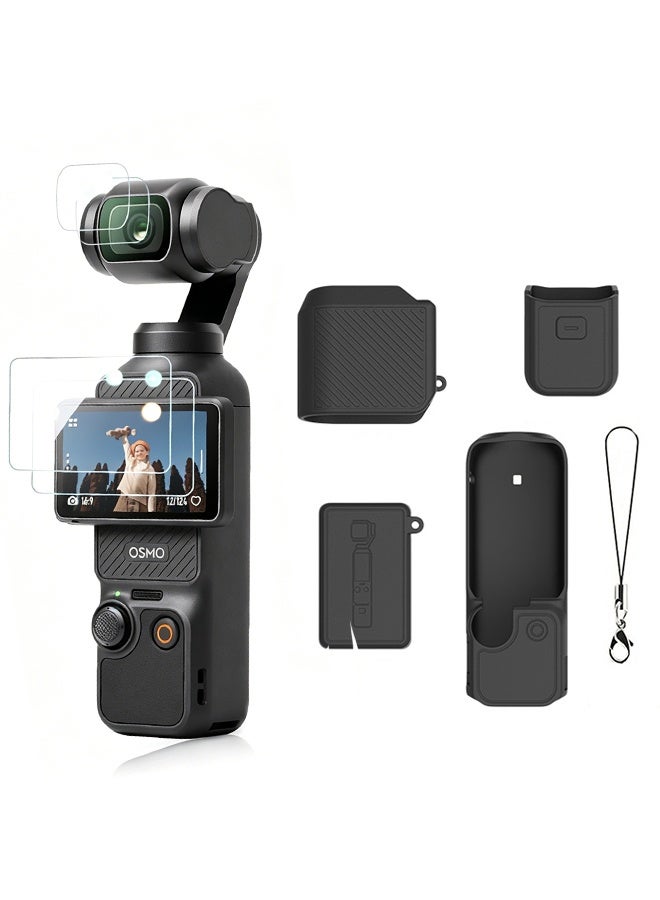 DJI OSMO Pocket 4 Accessory Kit, Silicone Protective Case Cover, Tempered Glass Screen Protector, Lens Protector (Black) - Image 1