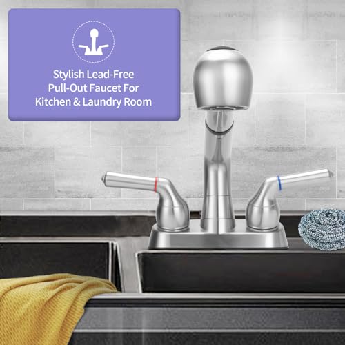 RSYEKU Utility Sink Faucet,Universal Laundry Tub ABS Plastic Faucet with Sprayer,Dual Handle Pull Out Faucet, Chrome Finish Laundry & Utility Room Sink Faucets,4 Inch Center Set - Image 2