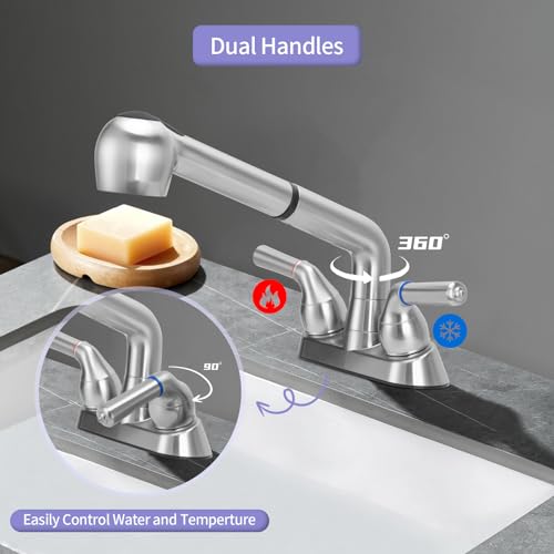 RSYEKU Utility Sink Faucet,Universal Laundry Tub ABS Plastic Faucet with Sprayer,Dual Handle Pull Out Faucet, Chrome Finish Laundry & Utility Room Sink Faucets,4 Inch Center Set - Image 3