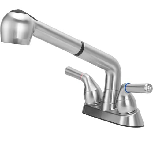 RSYEKU Utility Sink Faucet,Universal Laundry Tub ABS Plastic Faucet with Sprayer,Dual Handle Pull Out Faucet, Chrome Finish Laundry & Utility Room Sink Faucets,4 Inch Center Set - Image 1