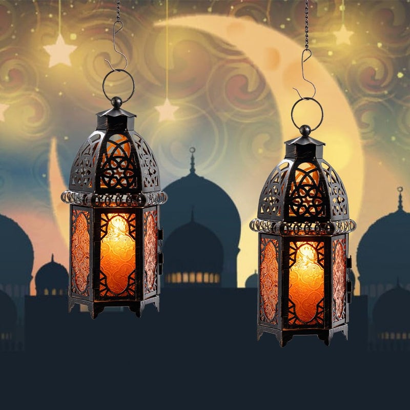NEEDOMO 11'' Moroccan Lanterns Decorative Indoor & Outdoor, Vintage Christmas Candle Holder, Metal Lanterns Decorative, Table, Patio, Porch, Shelf, Christmas Spring Halloween Home Decor (Amber) - Image 2