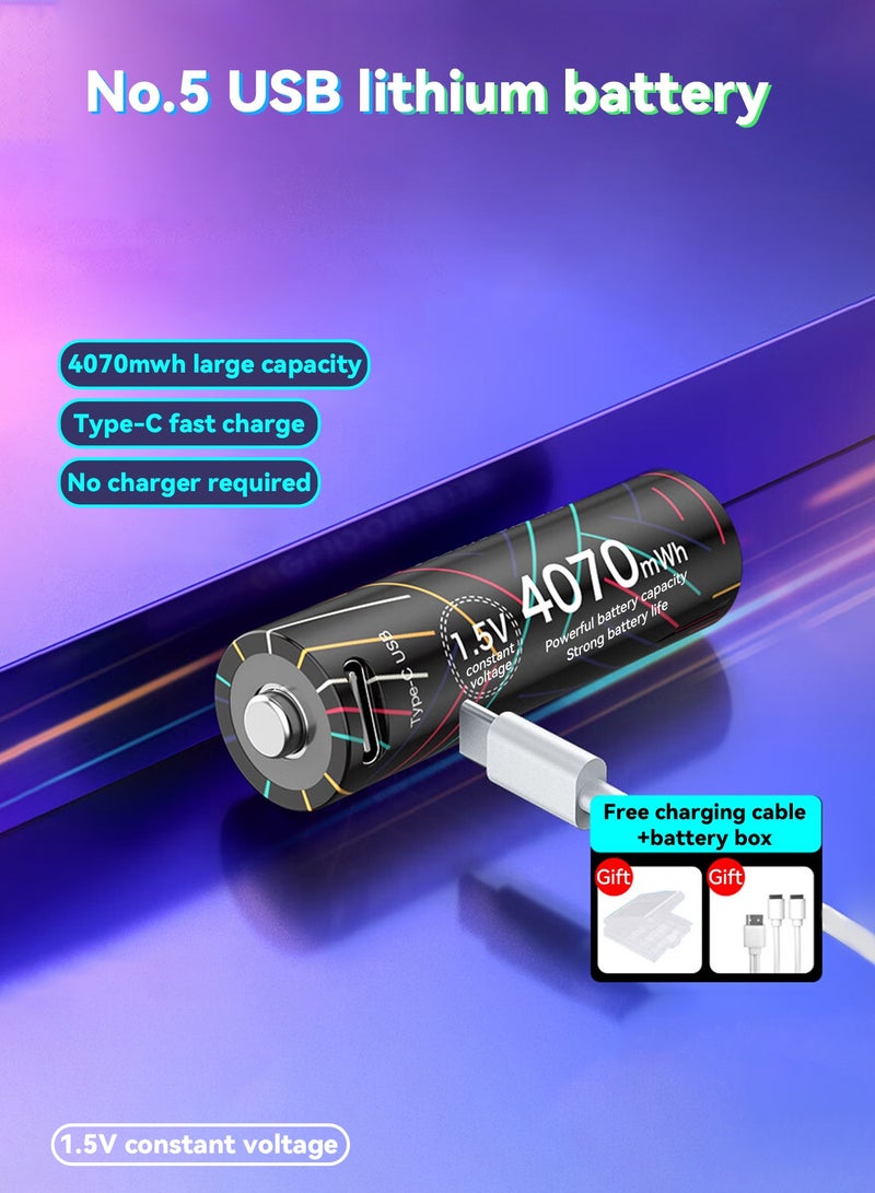 Delipow بطارية قابلة للشحن AA، بطارية ليثيوم رقم 5، 4070 مللي واط ساعة، سعة كبيرة 1.5 فولت جهد ثابت، مع كابل شحن سريع من نوع C، مناسبة لمراقبات ضغط الدم، الأقفال الإلكترونية، الفأرة، أجهزة تحكم الألعاب، وغيرها. - Image 1