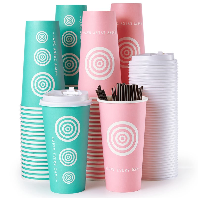 JollyPack 20 oz 100 Pack Paper Coffee Cups with Lids and Stirrers in Pink and Green Great for Coffee Juice Tea Home Use Store and Cafe