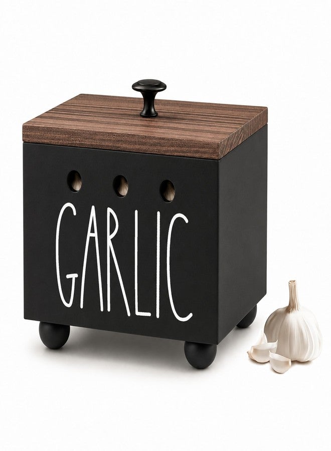 CHONIC Garlic Keeper, Farmhouse Garlic Holder for Counter, Rustic Garlic Container, Wood Garlic Storage Box, Garlic Organizer Bin, Garlic Saver for Kitchen Countertop(Black) - Image 1