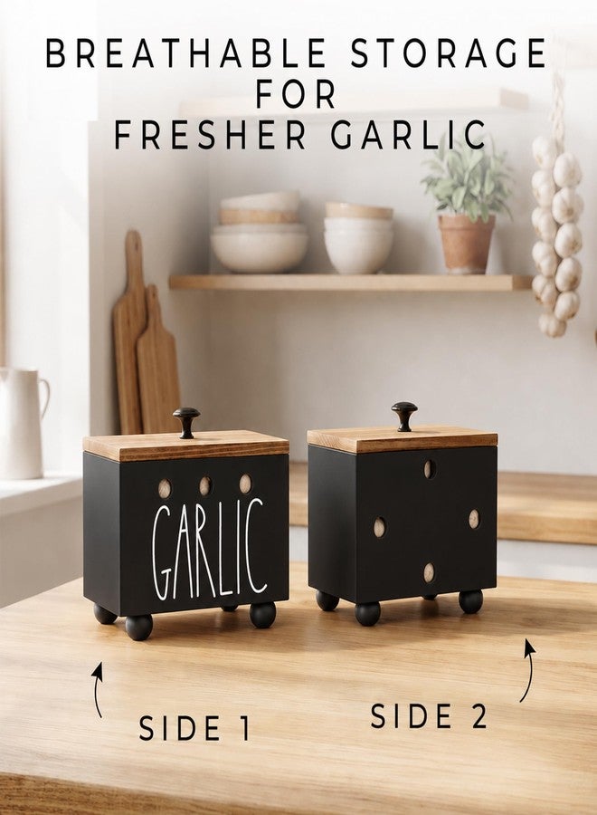 CHONIC Garlic Keeper, Farmhouse Garlic Holder for Counter, Rustic Garlic Container, Wood Garlic Storage Box, Garlic Organizer Bin, Garlic Saver for Kitchen Countertop(Black) - Image 3