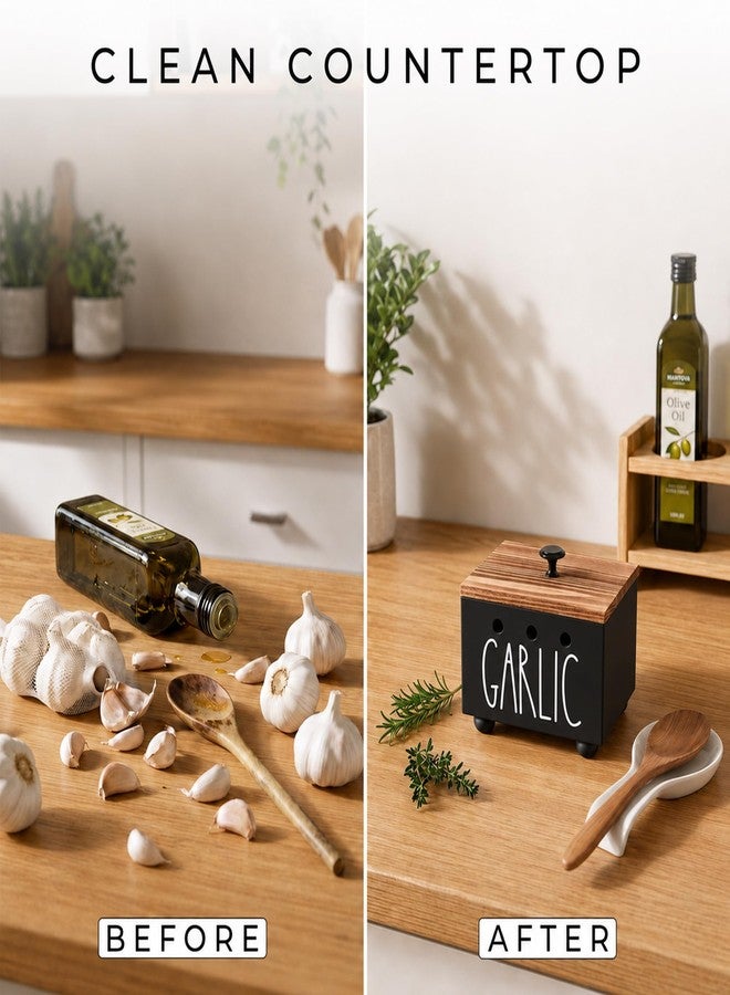 CHONIC Garlic Keeper, Farmhouse Garlic Holder for Counter, Rustic Garlic Container, Wood Garlic Storage Box, Garlic Organizer Bin, Garlic Saver for Kitchen Countertop(Black) - Image 2