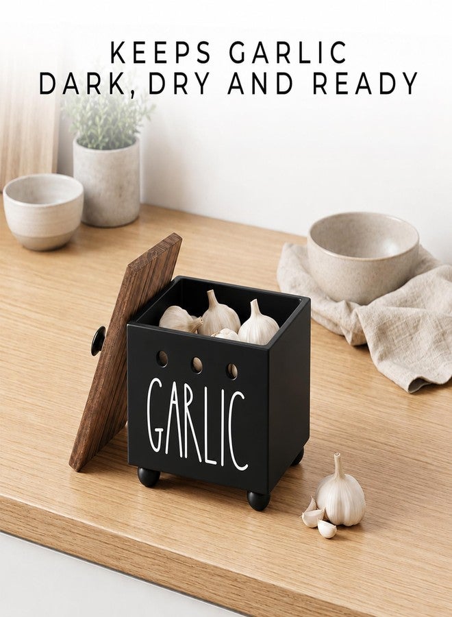 CHONIC Garlic Keeper, Farmhouse Garlic Holder for Counter, Rustic Garlic Container, Wood Garlic Storage Box, Garlic Organizer Bin, Garlic Saver for Kitchen Countertop(Black) - Image 4