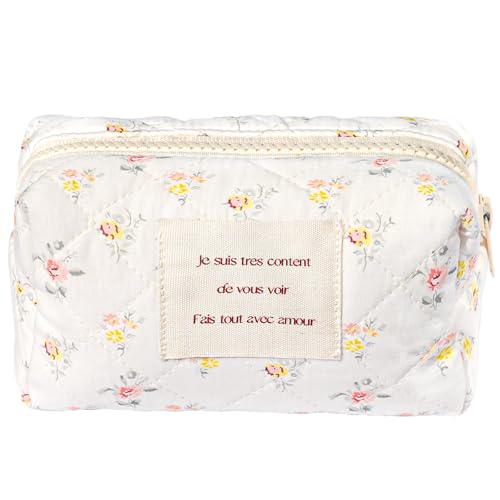 Sminra Floral Makeup Bag Cotton Quilted Small Cosmetic Bag Organizer Cute Garden Aesthetic Coquette Portable Zipper Pouch Toiletry Purse Bag for Women Girls Travel accessories Yellow Pink FlowersS - Image 1