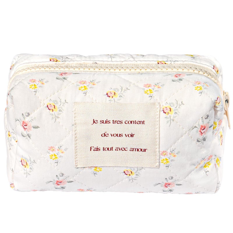 Sminra Floral Makeup Bag Cotton Quilted Small Cosmetic Bag Organizer Cute Garden Aesthetic Coquette Portable Zipper Pouch Toiletry Purse Bag for Women Girls Travel accessories Yellow Pink FlowersS - Image 2