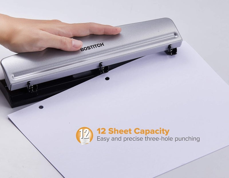 Bostitch Office Premium 3 Hole Punch, 12 Sheet Capacity, Metal, Rubber Base, Easy-Clean Tray, Silver, 2-Pack - Image 2