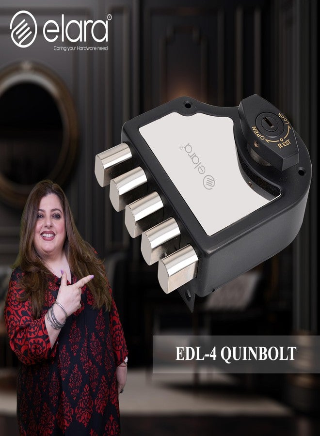 إلارا قفل باب Elara Quinbolt 2CK للباب الرئيسي مناسب للأبواب ذات الفتحة اليمنى واليسرى، قفل باب خشبي يفتح من الداخل مع 4 مفاتيح نحاسية قابلة للعكس (أسود مطفي، EDL-04، Quinbolt، مفتاح Ultra). - Image 2