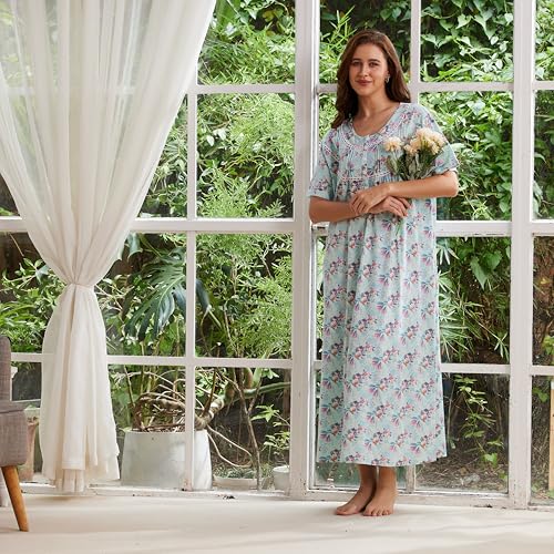 Keyocean Nightgowns for Women, Soft Cotton Comfy Lightweight Short Sleeves Ladies Nightdress, Rosy Elegance on Aqua Blue, XX-Large - Image 4