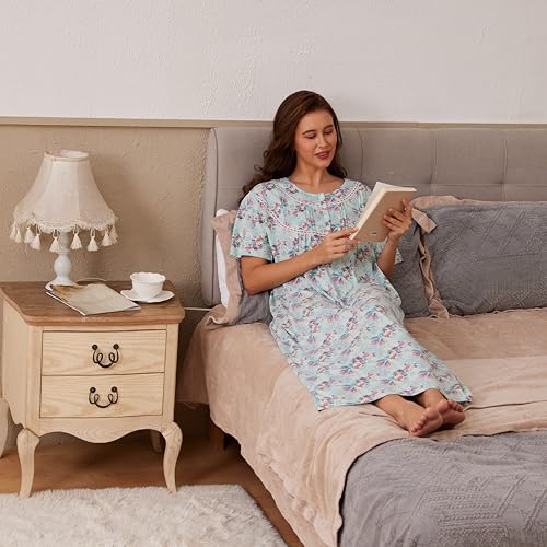 Keyocean Nightgowns for Women, Soft Cotton Comfy Lightweight Short Sleeves Ladies Nightdress, Rosy Elegance on Aqua Blue, XX-Large - Image 5