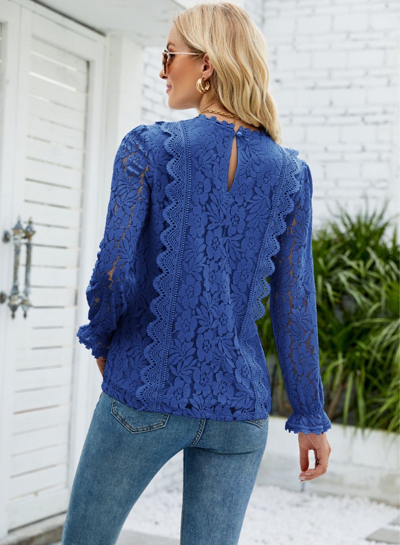 Loquat Solid Colour Cut-Out Lace V-Neck Long Sleeve Lace Top Blue  - Image 2