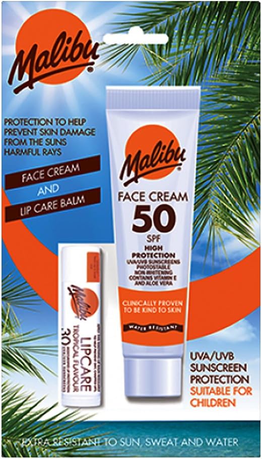 Malibu Duo Pack Sun Protection Face Cream SPF 50 Lip Balm SPF 30 Water Resistant