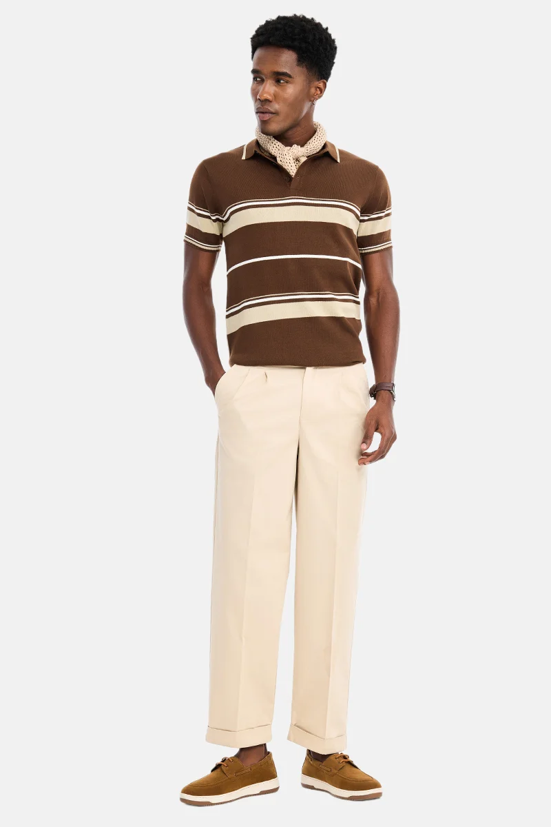 سنيتش Brown Striped Half Sleeve Regular Fit Casual T-Shirt