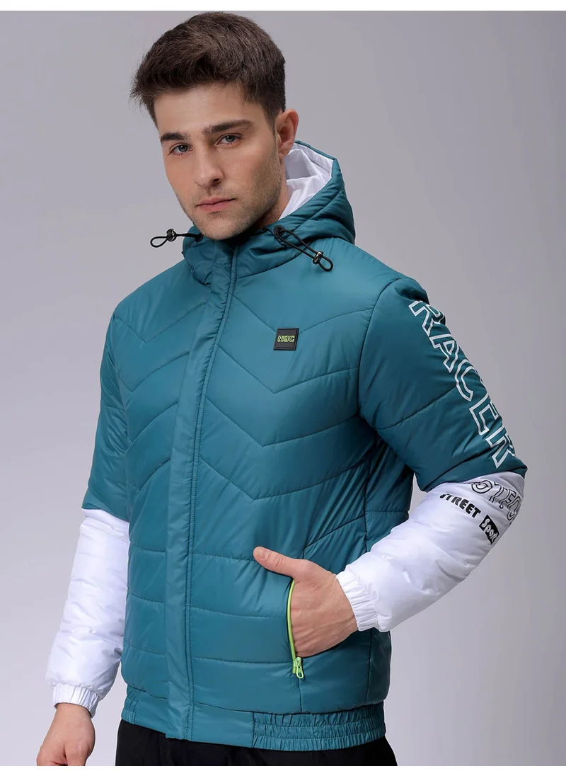 The Indian Garage Co Mens Turquoise Green Slim Fit Color Block Hooded Zipper Placket Zipper Pocket Winter Jacket