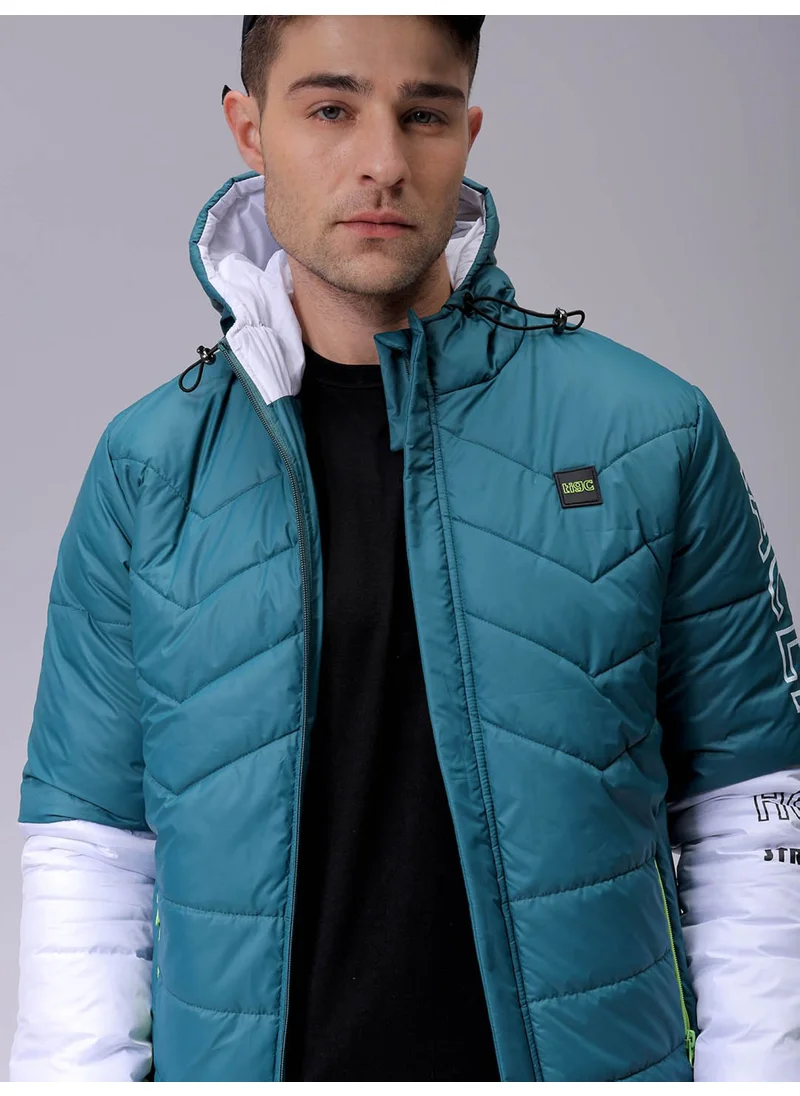 The Indian Garage Co Mens Turquoise Green Slim Fit Color Block Hooded Zipper Placket Zipper Pocket Winter Jacket