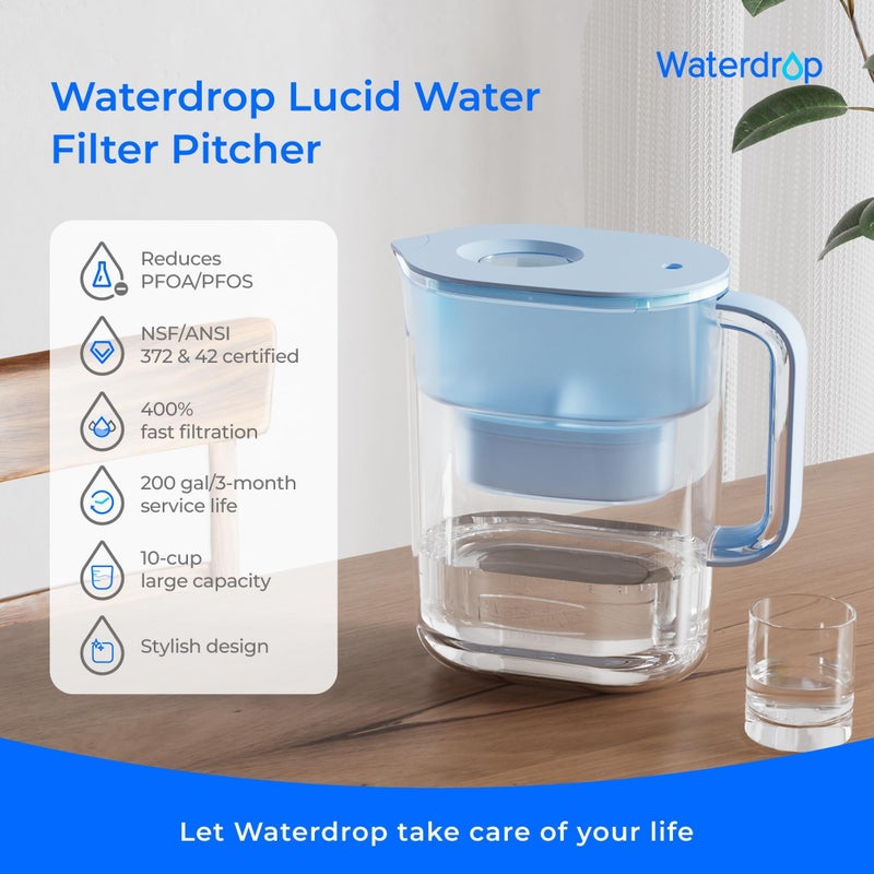 Waterdrop Water Filter Pitcher with 3 Filters, 200-Gallon Long-Life, 10-Cup Large Water Filter Pitcher, Improved Coffee & Tea Taste, NSF Certified, 5X Times Lifetime, Reduces PFOA/PFOS, Chlorine, Blue - Image 2