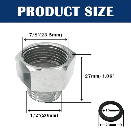 ZLYY 2Pcs Brass Faucet Adapter, 7/8" Female to G 1/2" Male Reducer, Compression Fitting for Kitchen Bathroom Faucet, Pipe Connector with Rubber Washer (Silver) - Image 2