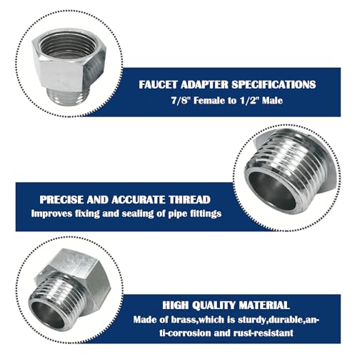 ZLYY 2Pcs Brass Faucet Adapter, 7/8" Female to G 1/2" Male Reducer, Compression Fitting for Kitchen Bathroom Faucet, Pipe Connector with Rubber Washer (Silver) - Image 4
