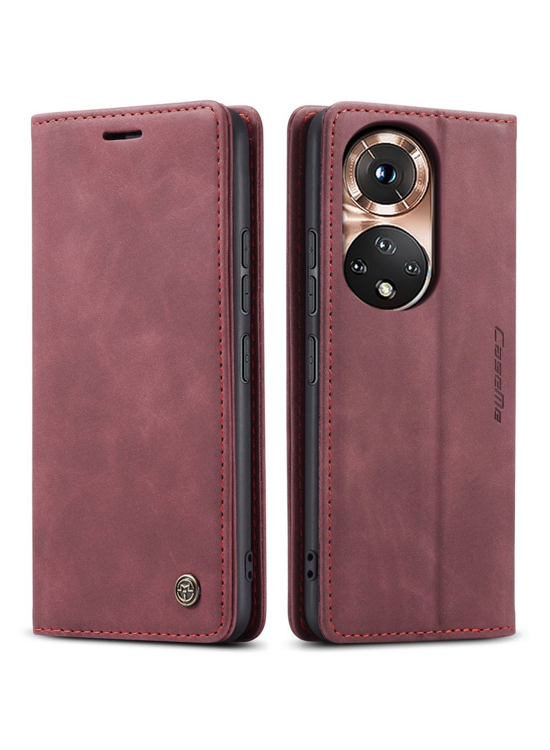CaseMe Phone Case Luxury PU Leather Design 013 Flip Cover Card Slot Holder Cover For Honor 50(WineRed) - Image 1