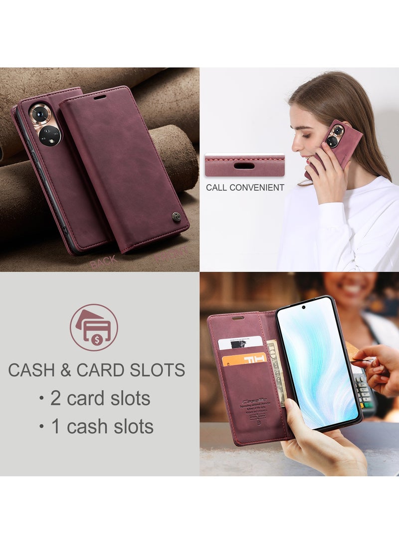 CaseMe Phone Case Luxury PU Leather Design 013 Flip Cover Card Slot Holder Cover For Honor 50(WineRed) - Image 2