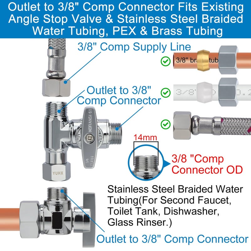 Yuhx Brass Angle Stop Add-A-Tee Valve  3/8 Inch Compression Outlet Easy Connect 3 Way Diverter 3/8""X3/8""X1/4"" Or3/8""Ice Maker Ro System T - Image 4
