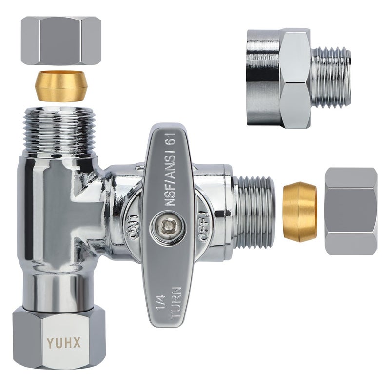 Yuhx Brass Angle Stop Add-A-Tee Valve  3/8 Inch Compression Outlet Easy Connect 3 Way Diverter 3/8""X3/8""X1/4"" Or3/8""Ice Maker Ro System T - Image 1