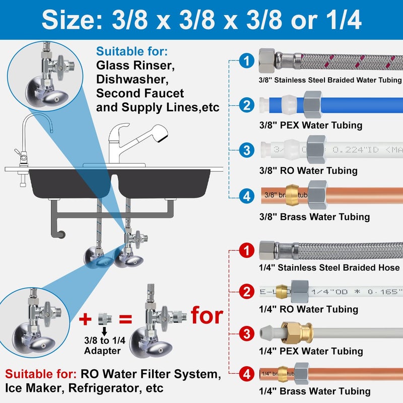 Yuhx Brass Angle Stop Add-A-Tee Valve  3/8 Inch Compression Outlet Easy Connect 3 Way Diverter 3/8""X3/8""X1/4"" Or3/8""Ice Maker Ro System T - Image 2