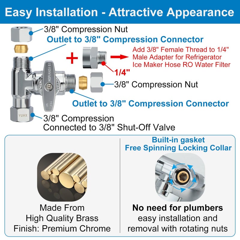 Yuhx Brass Angle Stop Add-A-Tee Valve  3/8 Inch Compression Outlet Easy Connect 3 Way Diverter 3/8""X3/8""X1/4"" Or3/8""Ice Maker Ro System T - Image 3