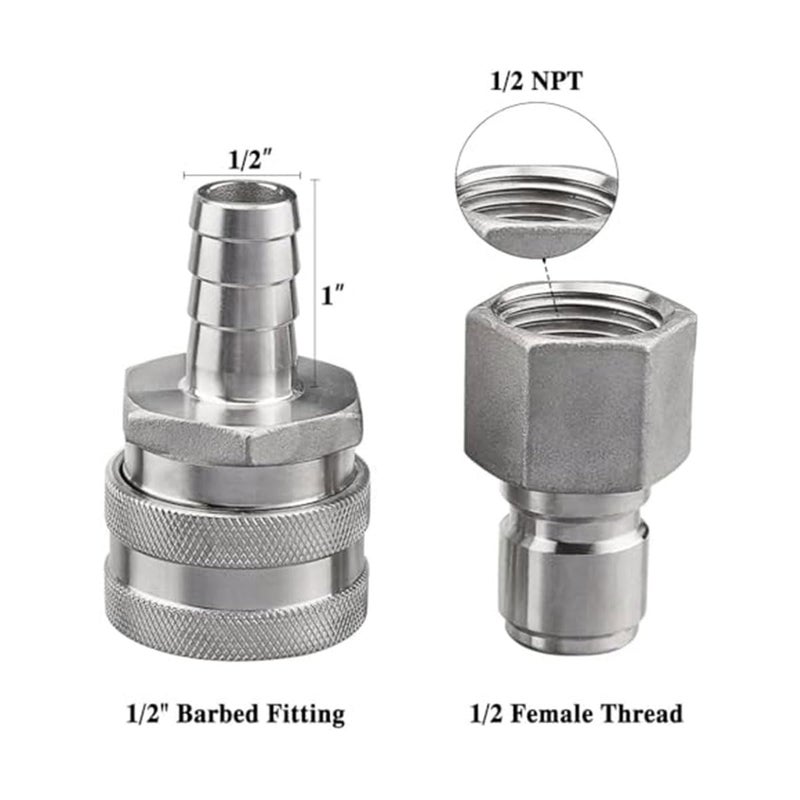 Ferroday Stainless Steel Quick Disconnect Set 1/2 NPT Female Disconnect 1/2" Barb Brewing Quick Disconnect For Wort Pumps for Wort Chiller Connectors for Ball Valve Hose Fitting & O-rings - Image 2