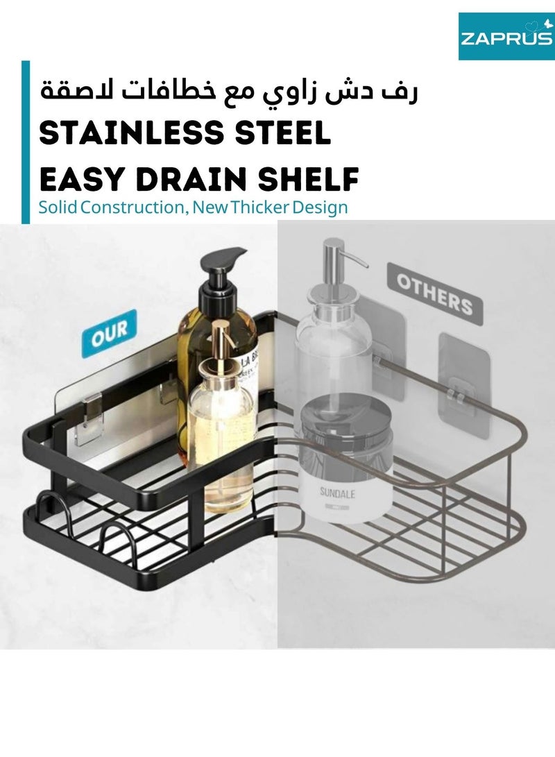 زابروس حامل دش زاوي 5 قطع لاصق – منظم دش زاوي من الفولاذ المقاوم للصدأ مع 16 خطافًا | بدون حفر، رف دش زاوي بسعة كبيرة لتخزين الحمام والمطبخ والمنزل - Image 4
