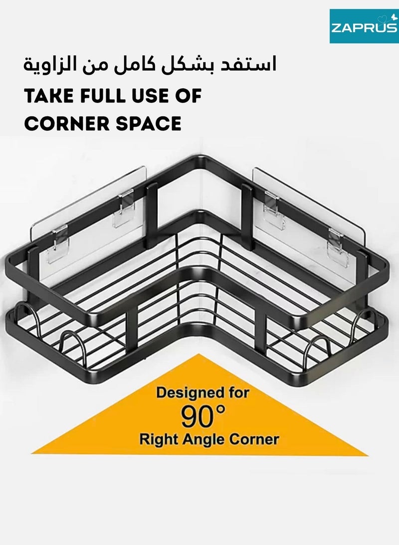 زابروس حامل دش زاوي 5 قطع لاصق – منظم دش زاوي من الفولاذ المقاوم للصدأ مع 16 خطافًا | بدون حفر، رف دش زاوي بسعة كبيرة لتخزين الحمام والمطبخ والمنزل - Image 3
