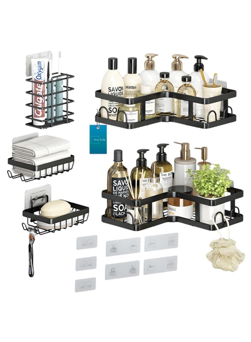 زابروس حامل دش زاوي 5 قطع لاصق – منظم دش زاوي من الفولاذ المقاوم للصدأ مع 16 خطافًا | بدون حفر، رف دش زاوي بسعة كبيرة لتخزين الحمام والمطبخ والمنزل - Image 1