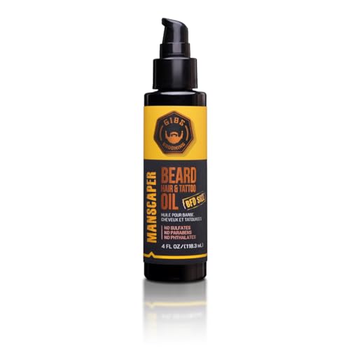GIBS GROOMING Manscaper Beard Hair  Tattoo Oil All Natural with Grapefruit Tobacco Flower Saffron  Cedar Scent Softens  Strengthens Growth Moisturizes Skin 4 Fl Oz