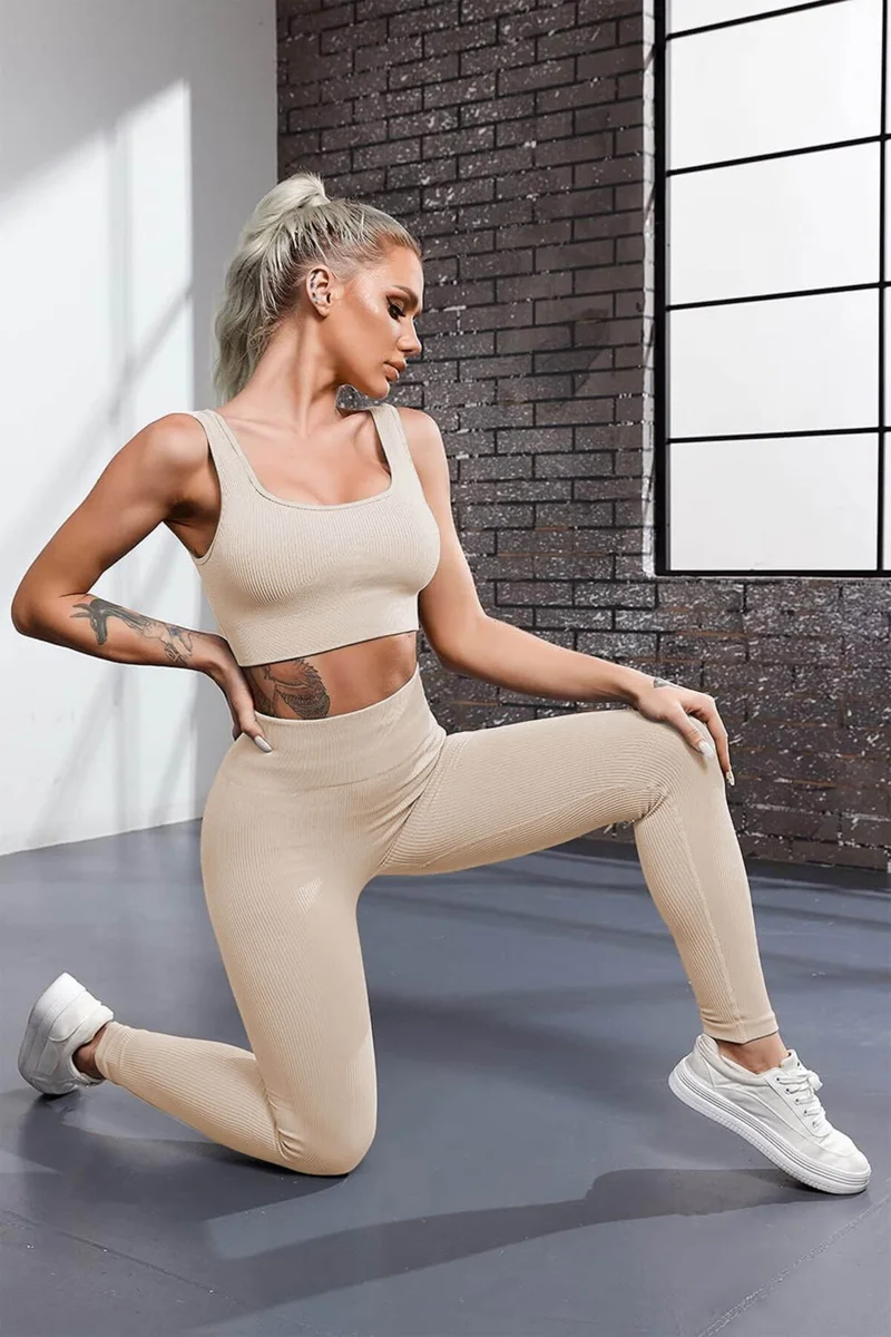 Hepsine Rakip Rival to All, Flexible Ribbed Sports Tights and Wide Strap Padded Bustier Set - Women's High Waist Combination