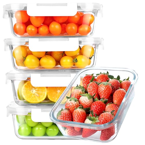KOMUEE 30 oz 5 Pack Glass Meal Prep Containers, Glass Storage Containers with Lids - Dishwahser, Microwave, Oven and Freezer Safe, White - Image 1
