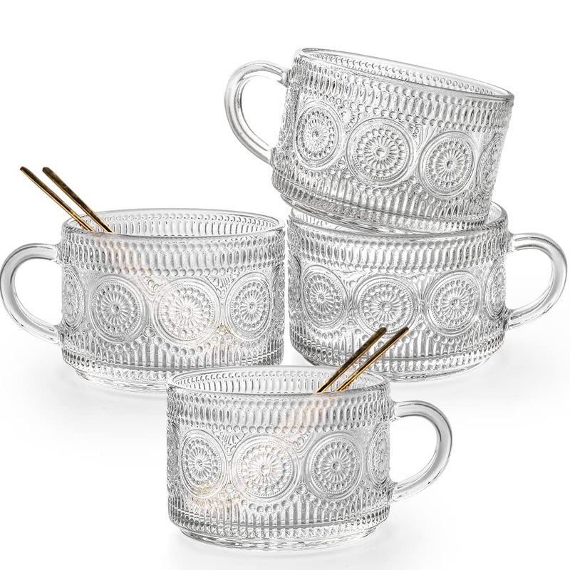 Ymyaye Vintage Glass Coffee Mugs Set of 4 14 Ounces Embossed Glass Coffee Cups Stackable Coffee Mugs for Cereal Yogurt Latte Clear Breakfast Cups with Handle for Beverages Sunflower4