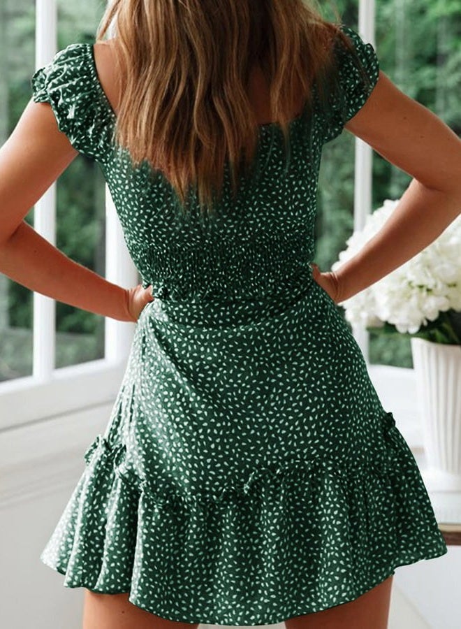 YOBECHO Womens Summer Ruffle Sleeve Sweetheart Neckline Printing Dress Mini Dresses, Dark Green, S - Image 3