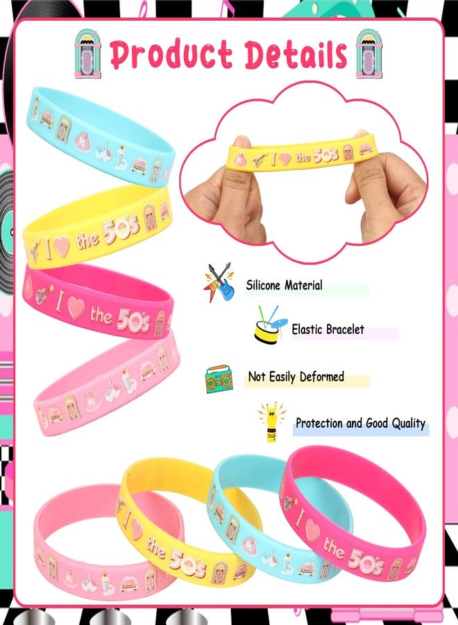 Serencatcher 50’s Sock Hop Party Bracelets, 1950s Party Decorations with 24pcs Rock and Roll Party Favors Silicone Bracelets Wristbands for Retro Rock N Roll Music Disco Dancing Birthday Party - Image 2