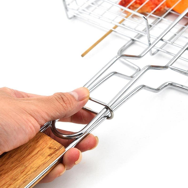 FYCAN Grill GridPortable Stainless Steel Grill BasketBarbecue Accessory Folding BBQ Mesh for Fish Chicken Vegetables Non Stick Portable Stainless Steel BBQ Grill stainless steel with wood grip_1 - Image 3