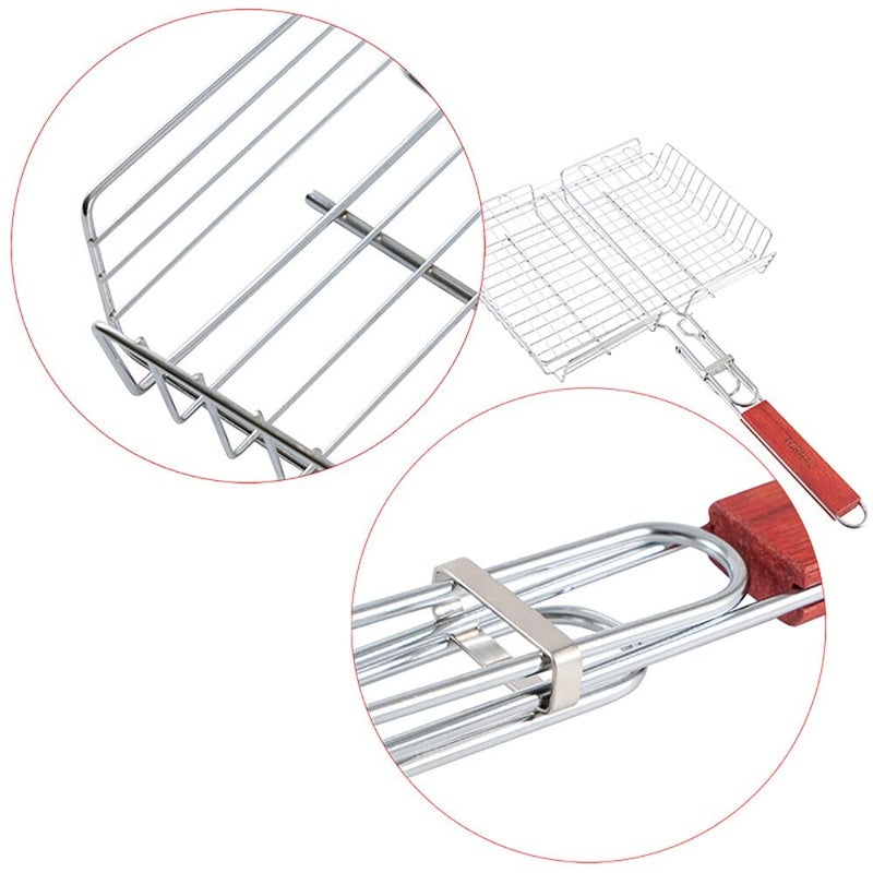 FYCAN Grill GridPortable Stainless Steel Grill BasketBarbecue Accessory Folding BBQ Mesh for Fish Chicken Vegetables Non Stick Portable Stainless Steel BBQ Grill stainless steel with wood grip_1 - Image 2