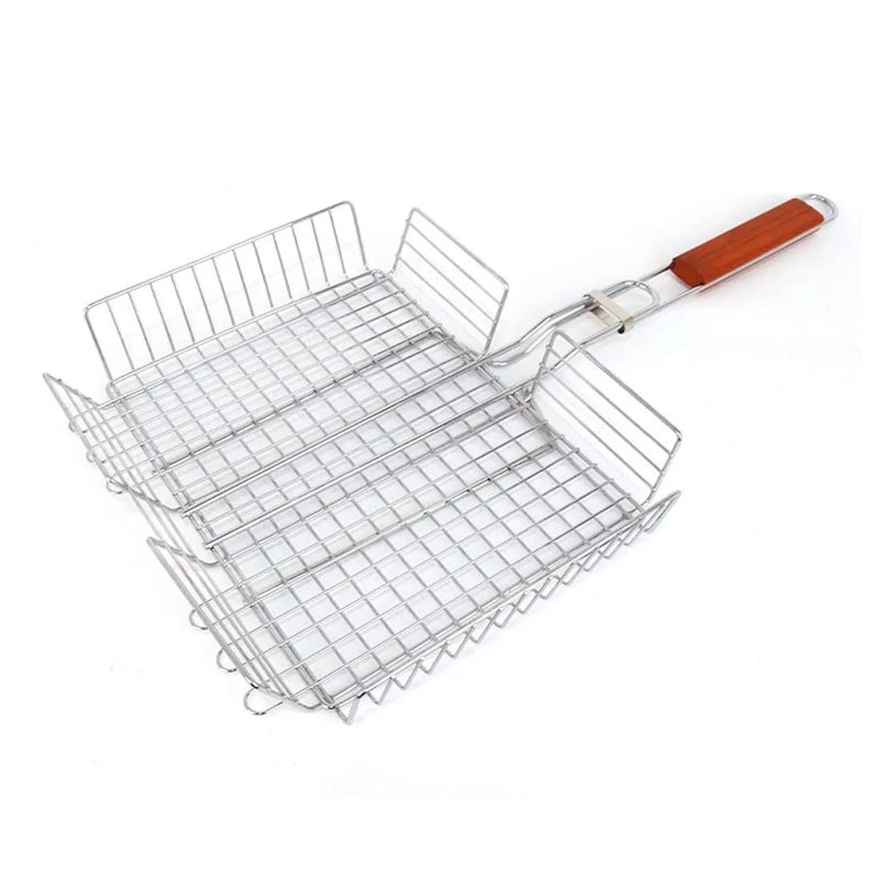 FYCAN Grill GridPortable Stainless Steel Grill BasketBarbecue Accessory Folding BBQ Mesh for Fish Chicken Vegetables Non Stick Portable Stainless Steel BBQ Grill stainless steel with wood grip_1 - Image 1