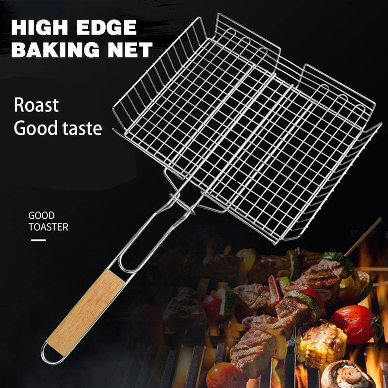 FYCAN Grill GridPortable Stainless Steel Grill BasketBarbecue Accessory Folding BBQ Mesh for Fish Chicken Vegetables Non Stick Portable Stainless Steel BBQ Grill stainless steel with wood grip_1 - Image 5