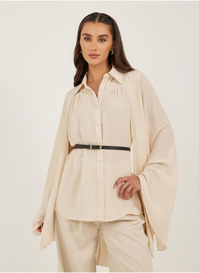 Styli - Plain Belted Cape Sleeves Blouse - Image 1