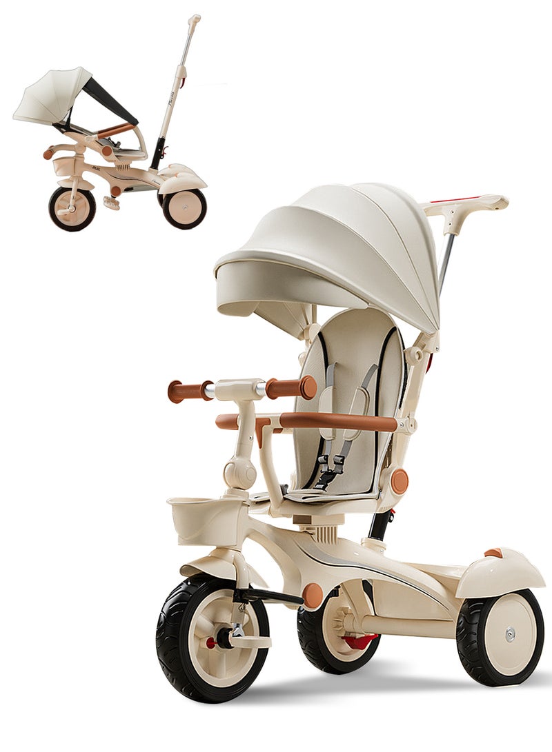 MaBaby Children's Tricycle, 4-in-1 Kids Folding Tricycle with Adjustable Push Handle, Removable Canopy, Safety Harness for 6-60 months Toddler Boys and Girls(White) - Image 1