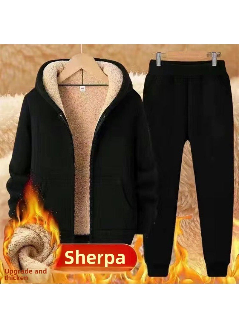 Generic Fleece Hooded Tracksuit Casual Men Autumn Winter KL lambskin pure black [suit]] 