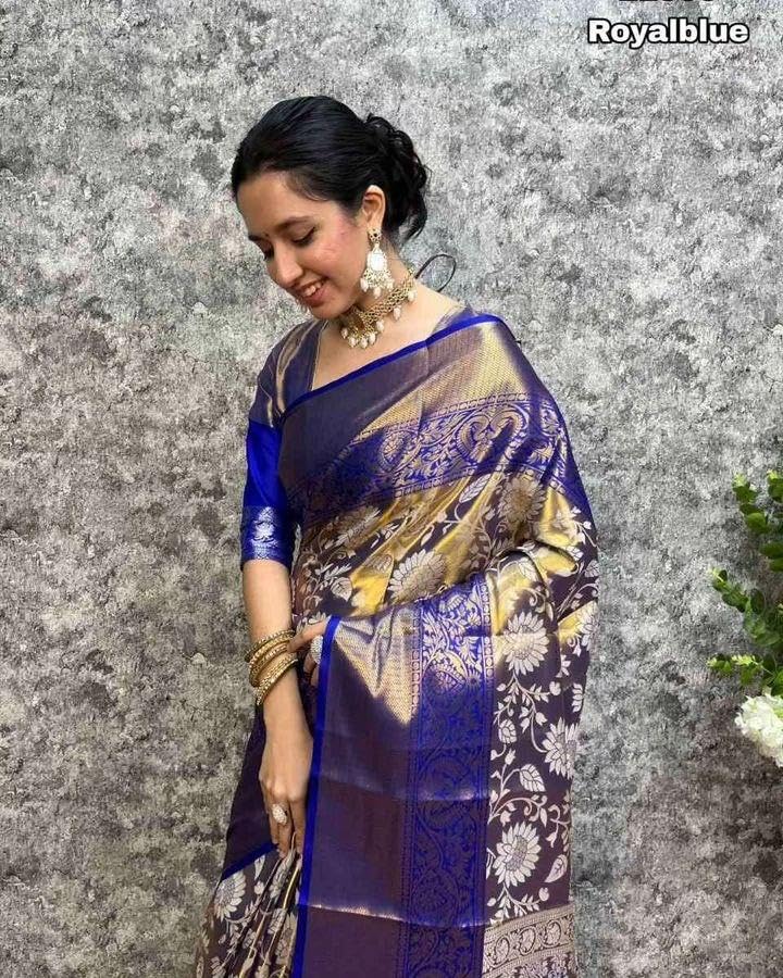 SGF11- Women's Kanjivaram Soft Silk Handloom Saree Pure Golden Zari With Blouse Piece (Blue) - Image 3
